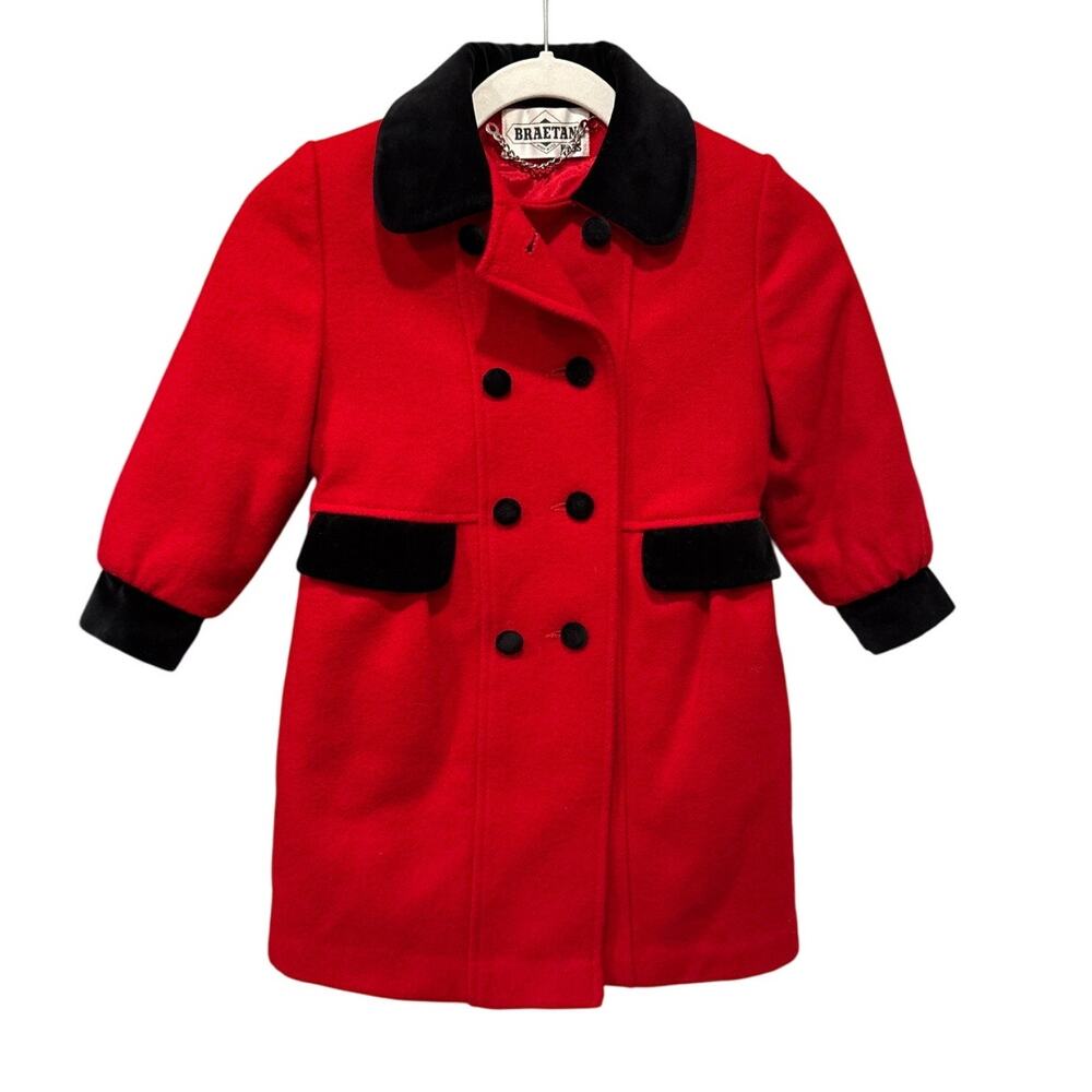 Vintage Braetan Kids Poppy Red GIrls Wool Pea‎ Coat Sz 5 Velvet Trim Made in USA